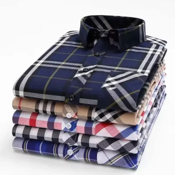 Mens Long Sleeve Shirts Loose Casual Business Formal Dress Iron Stretch Plaid Shirt Direct Sales - Image 3