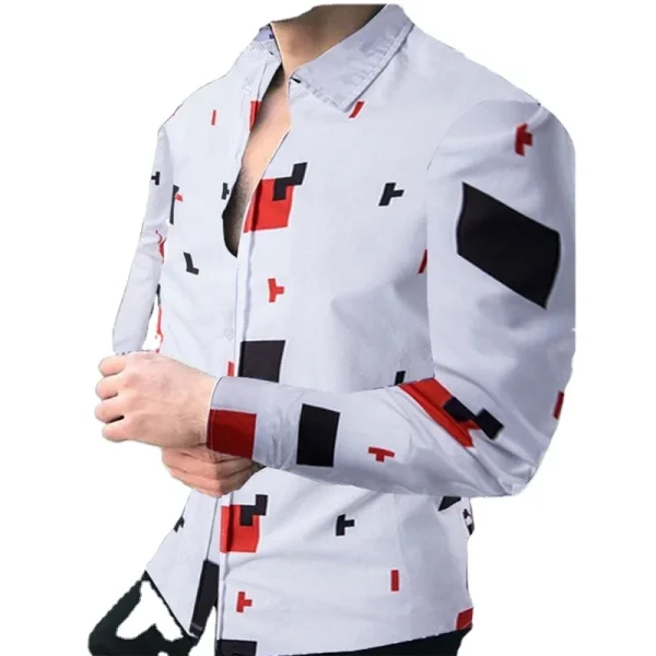 Luxury Social Men's Shirt with Collar Buttons, Casual Checkered Printed Long Sleeved Shirt, Men's Clothing Club Dance Party