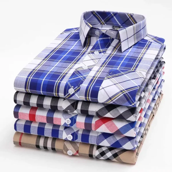 Mens Long Sleeve Shirts Loose Casual Business Formal Dress Iron Stretch Plaid Shirt Direct Sales - Image 4