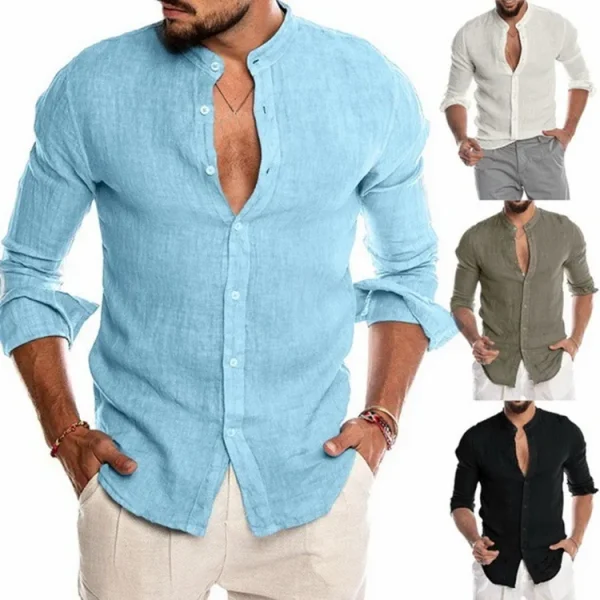 Fall Winter V-neck Linen New Plus Size Mens Shirts Stand-up Collar Long Sleeve Shirt