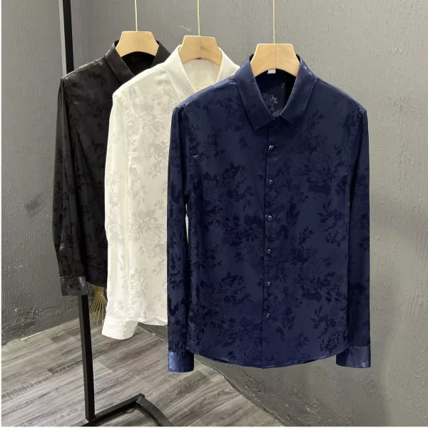 New Fashion Blue Casual Shirt England Style Stand-up Collar Polo T Shirts Plaid Long Sleeve Men's - Image 2