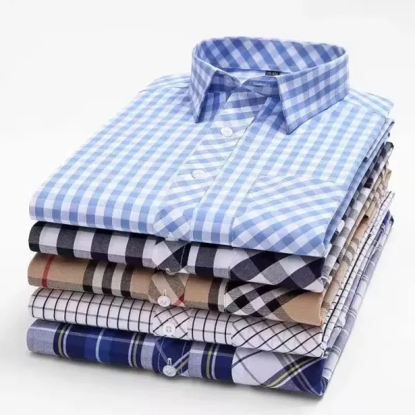 Mens Long Sleeve Shirts Loose Casual Business Formal Dress Iron Stretch Plaid Shirt Direct Sales - Image 2