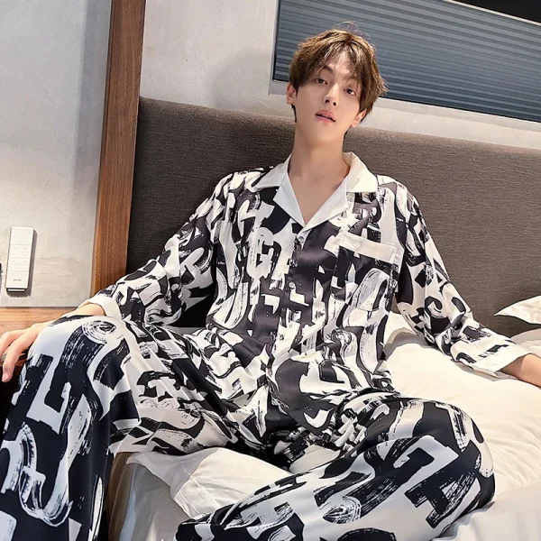 Men's Round Collar Long Sleeve Trousers Two Piece Sleepwear Autumn Korean Casual Turtleneck Cotton Simple Home Pajamas - Image 4