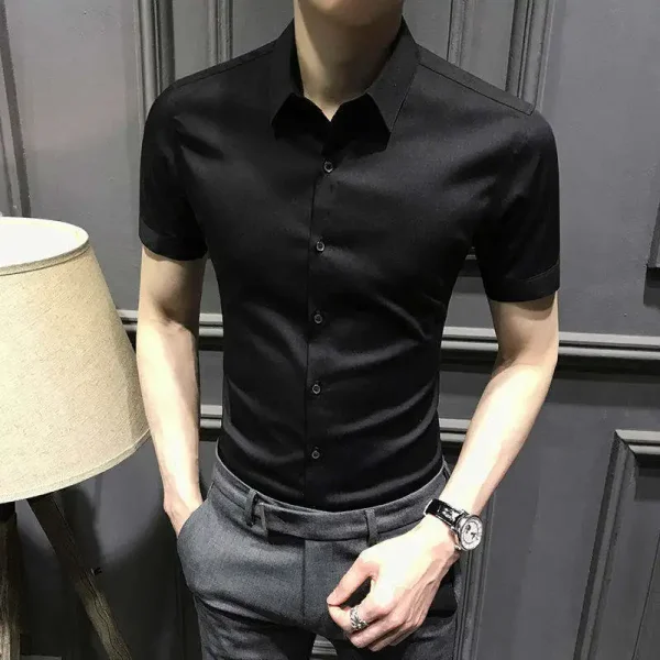 Popular Leather Fabric Shirts for Men Patchwork Embroidery  Short Sleeve Fashion Zipper Plus Size Men's Shirts - Image 5